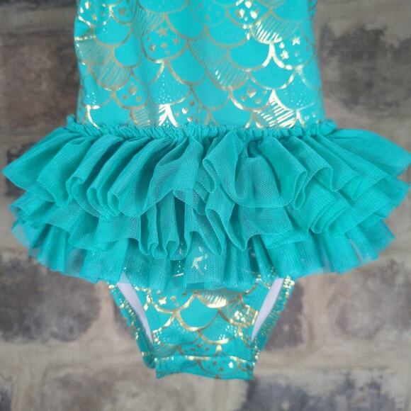 Cat & Jack Tutu Green Gold Swimsuit‎ Girl's Size 18M One Piece Mermaid Summer - Picture 4 of 13